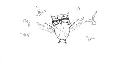 A charming hand-drawn sketch in the style of Pixar depicts a blind owl, with soft features, gracefully teaching birds to fly.