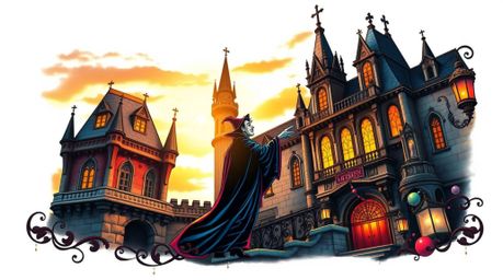 This stunning art print captures a classic Disney villain casting a spell within the aged walls of an old castle, bathed in t