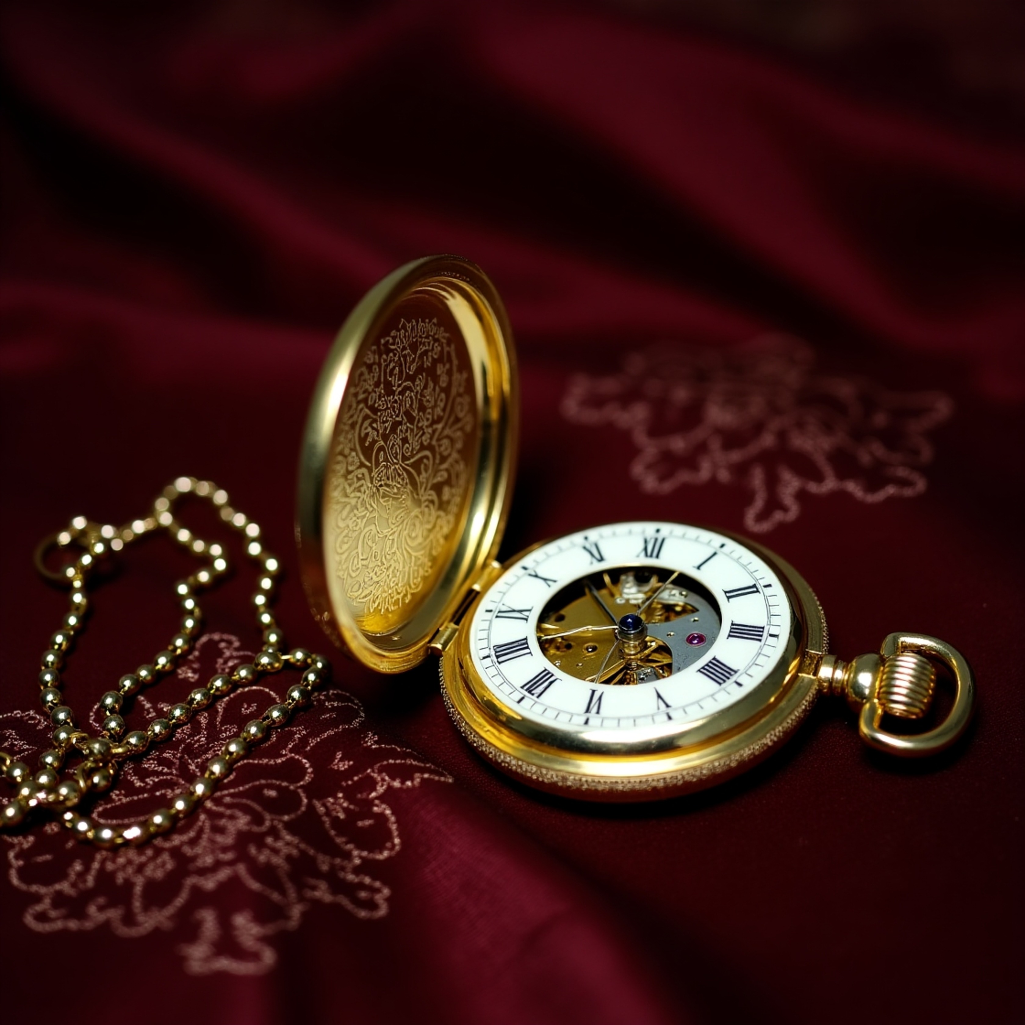 A beautifully ornate golden pocket watch is displayed open, revealing its intricate gears and cogs against a luxurious, deep