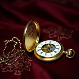 A beautifully ornate golden pocket watch is displayed open, revealing its intricate gears and cogs against a luxurious, deep