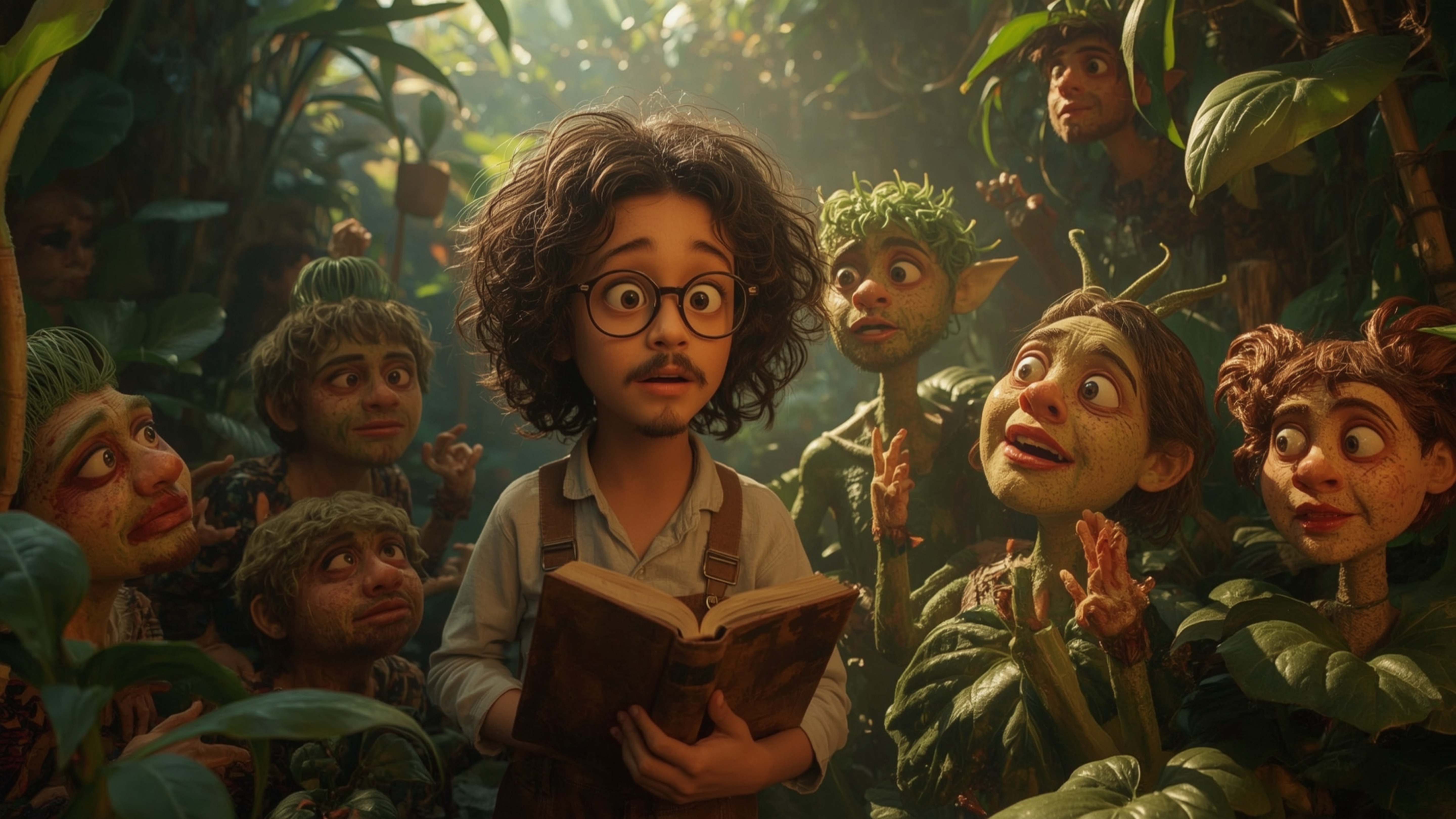 In a vibrant, cinematic photograph reminiscent of a Pixar animation, a bespectacled, curly-haired genius is surrounded by a l