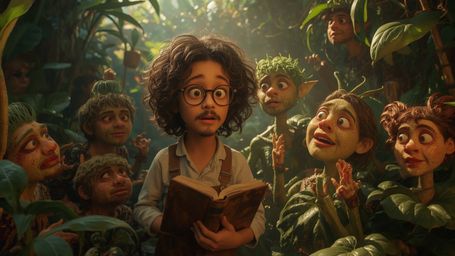 In a vibrant, cinematic photograph reminiscent of a Pixar animation, a bespectacled, curly-haired genius is surrounded by a l