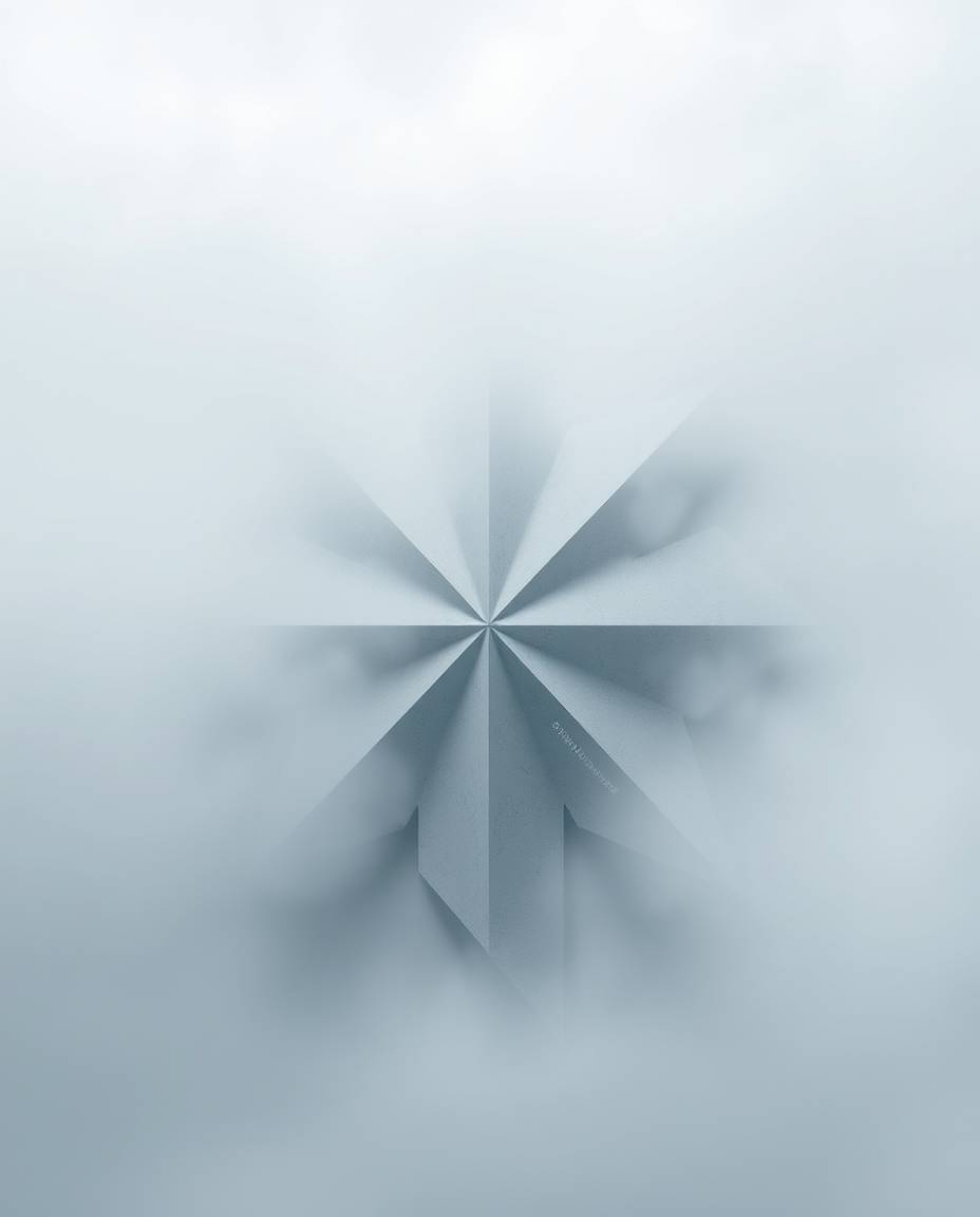 An intricate image blends origami aesthetics with a thick foggy atmosphere.  Abstract shapes are distorted by glitch effects,