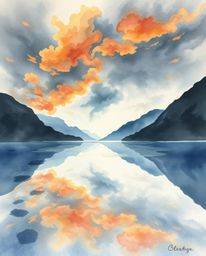 A delicate watercolor painting showcases the reflections of fiery clouds in a mountain lake, set against a stormy sky. Using 