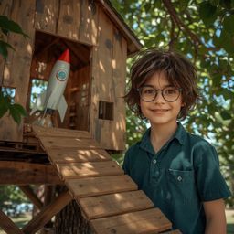 A captivating high-fashion photograph in a Pixar style depicts a boy with bright eyes and messy brown hair proudly standing b