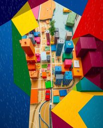 A stunning abstract aerial view of a city, depicted through vibrant geometric shapes and complementary colors.  The image sho