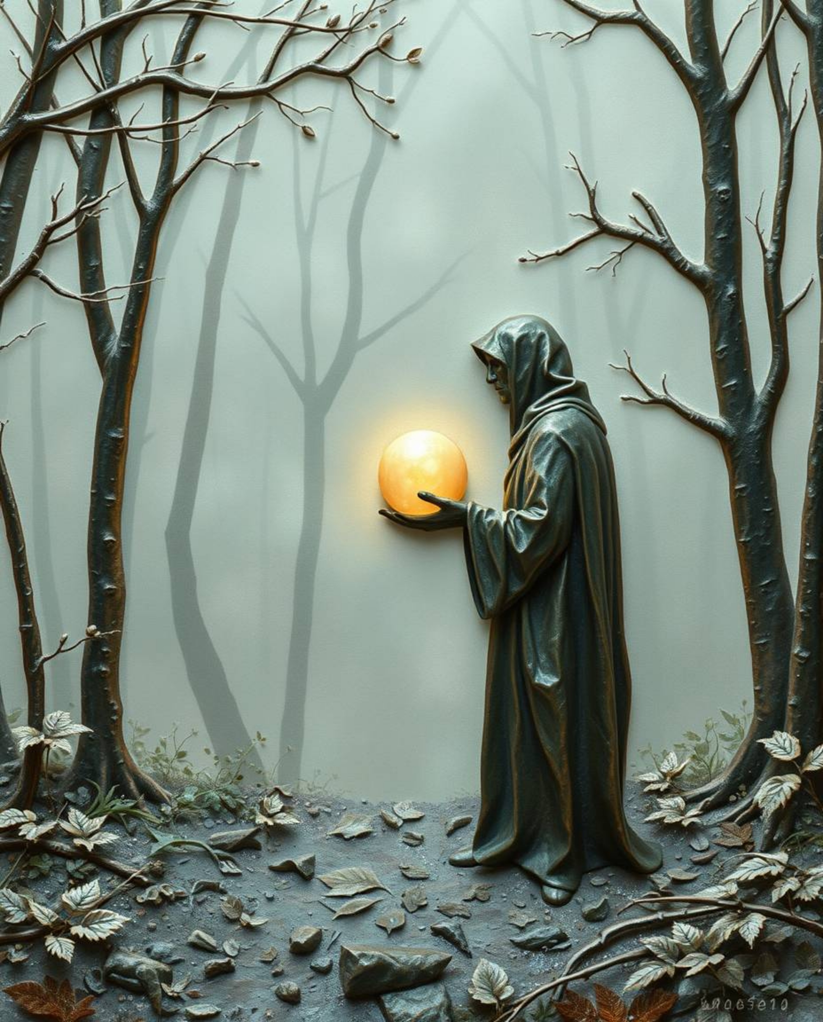 This cast bronze surface art piece features soft pastel colors depicting a cloaked figure in a misty forest, gently holding a