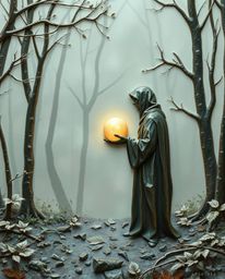 This cast bronze surface art piece features soft pastel colors depicting a cloaked figure in a misty forest, gently holding a