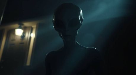 Chiaroscuro lighting creates an ethereal and spiritual vibe around an alien residing in a suburban house. The scene features 