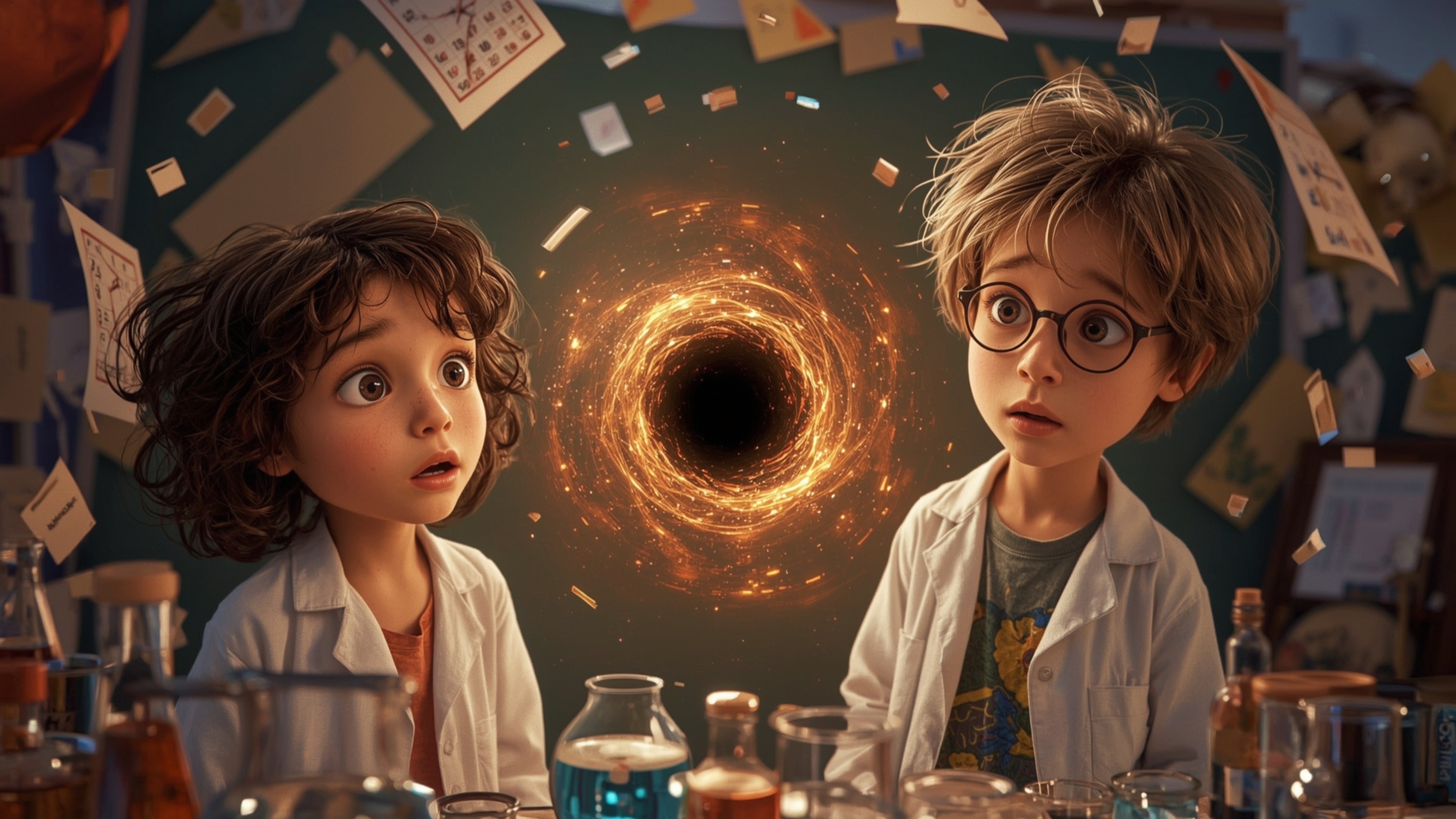 In a vibrant, cinematic photograph reminiscent of Pixar's whimsical style, a science fair duo—a bright-eyed girl with curly b