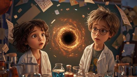 In a vibrant, cinematic photograph reminiscent of Pixar's whimsical style, a science fair duo—a bright-eyed girl with curly b