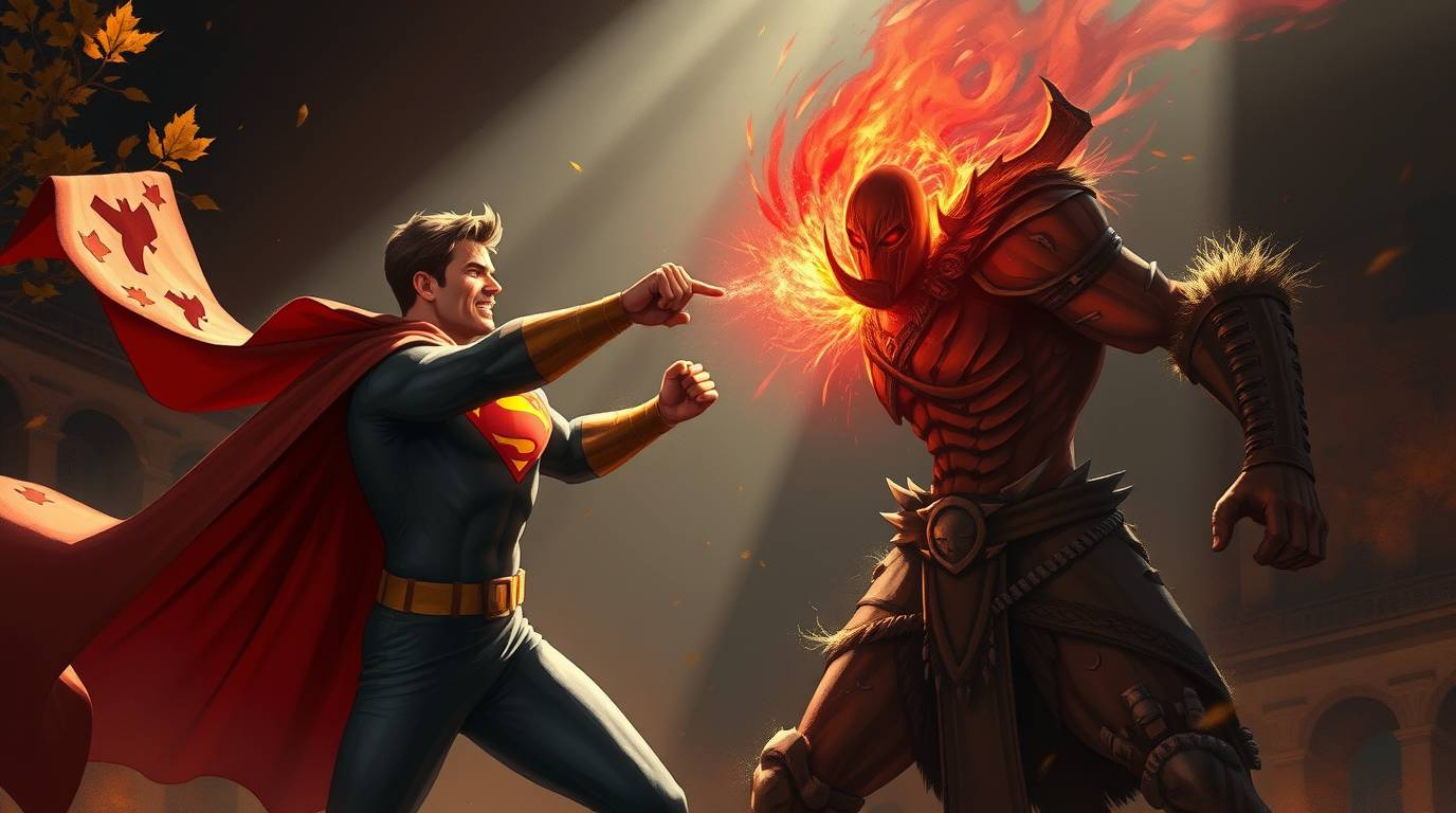 A captivating digital painting depicts a heroic figure in a cape engaging in a comical battle with a silly villain.  Rendered