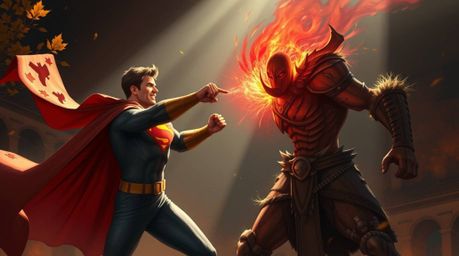 A captivating digital painting depicts a heroic figure in a cape engaging in a comical battle with a silly villain.  Rendered