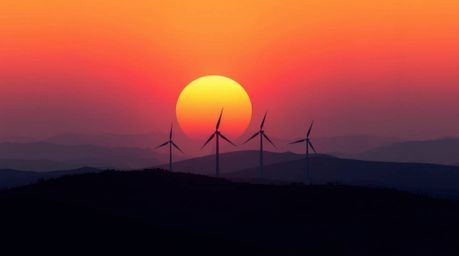 A captivating illustration depicts a serene sunset casting a soft glow on a hillside dotted with wind turbines. The image fea