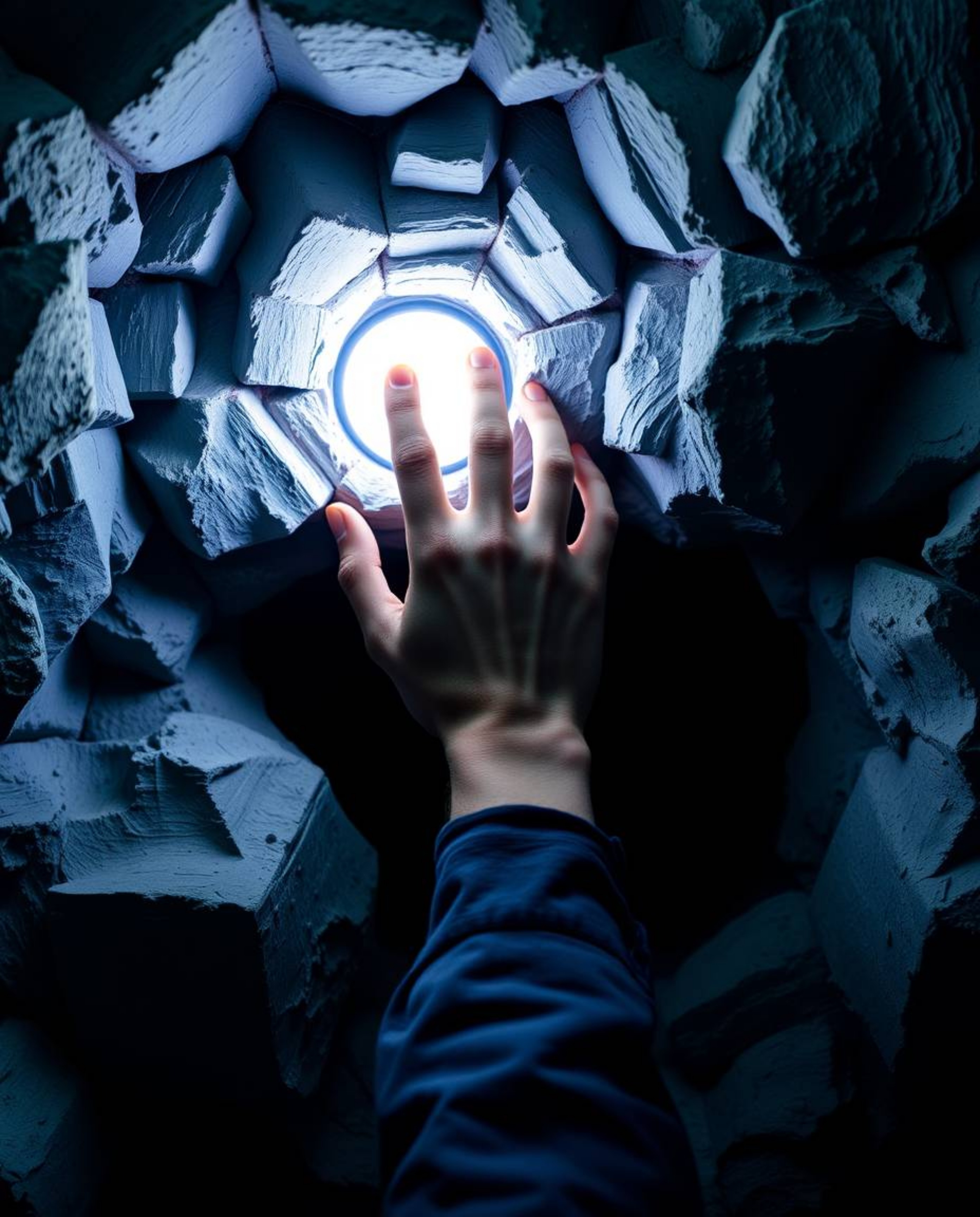 This artwork captures a powerful moment of a hand reaching out from darkness towards a light source, rendered in stunning scu