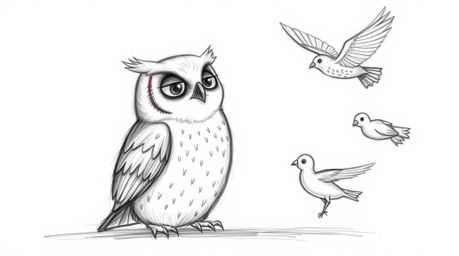 This is a hand-drawn sketch in the style of Pixar, depicting a blind owl with soft, expressive features patiently teaching yo