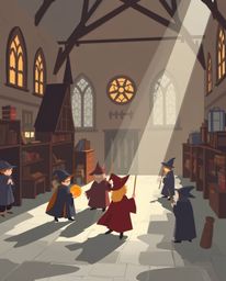 Discover a captivating modern flat design illustration depicting a magical school brimming with young wizards.  This artwork 