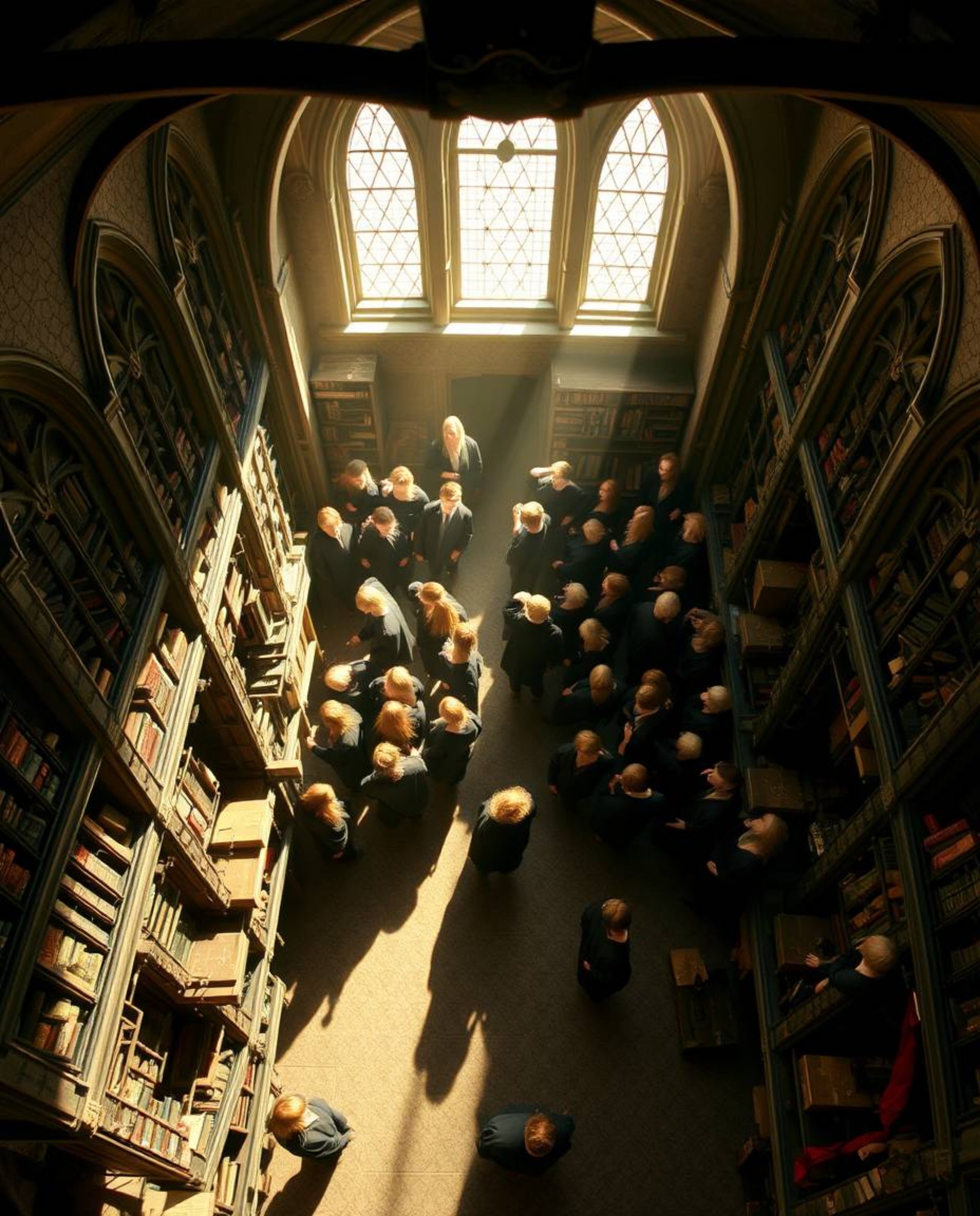 Experience a bird's-eye view of a magical school teeming with young wizards, brought to life with strong overhead light casti