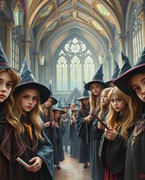 A classic oil painting depicts a graceful and elegant magical school brimming with young wizards.  The artwork showcases rich