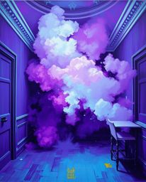 A captivating scene unfolds, bathed in deep ultraviolet hues and shrouded in thick fog, depicting a room exploding with vibra