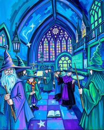 Discover a captivating acrylic painting depicting a magical school brimming with young wizards. The artwork showcases a vibr