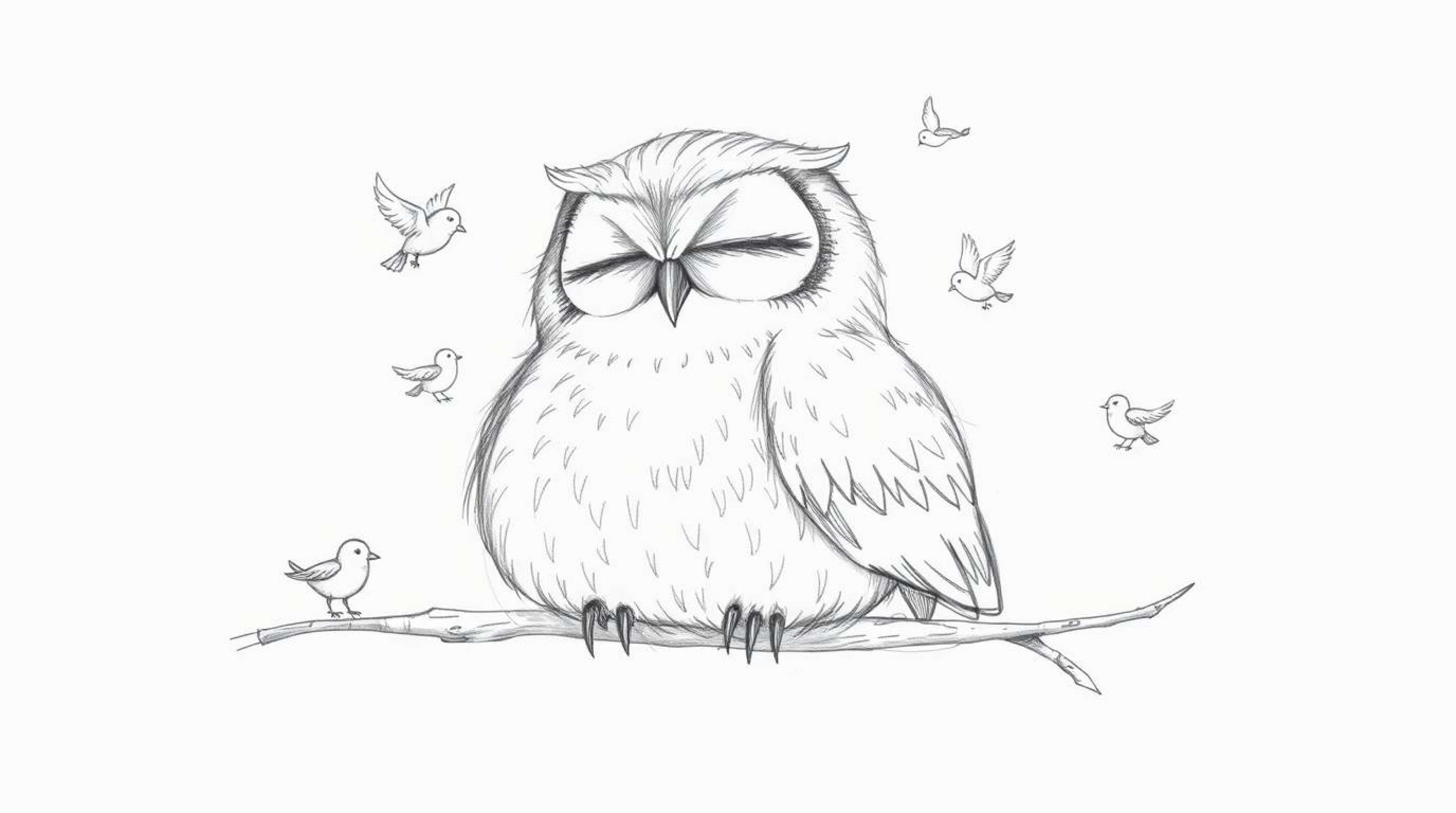 A whimsical hand-drawn pencil sketch in the style of Pixar depicts a blind owl with soft, feathery texture, peacefully restin