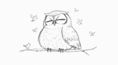 A whimsical hand-drawn pencil sketch in the style of Pixar depicts a blind owl with soft, feathery texture, peacefully restin