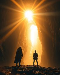 A captivating image depicts a heroic figure standing at a tunnel's entrance, gazing into a radiant, luxurious light emanating