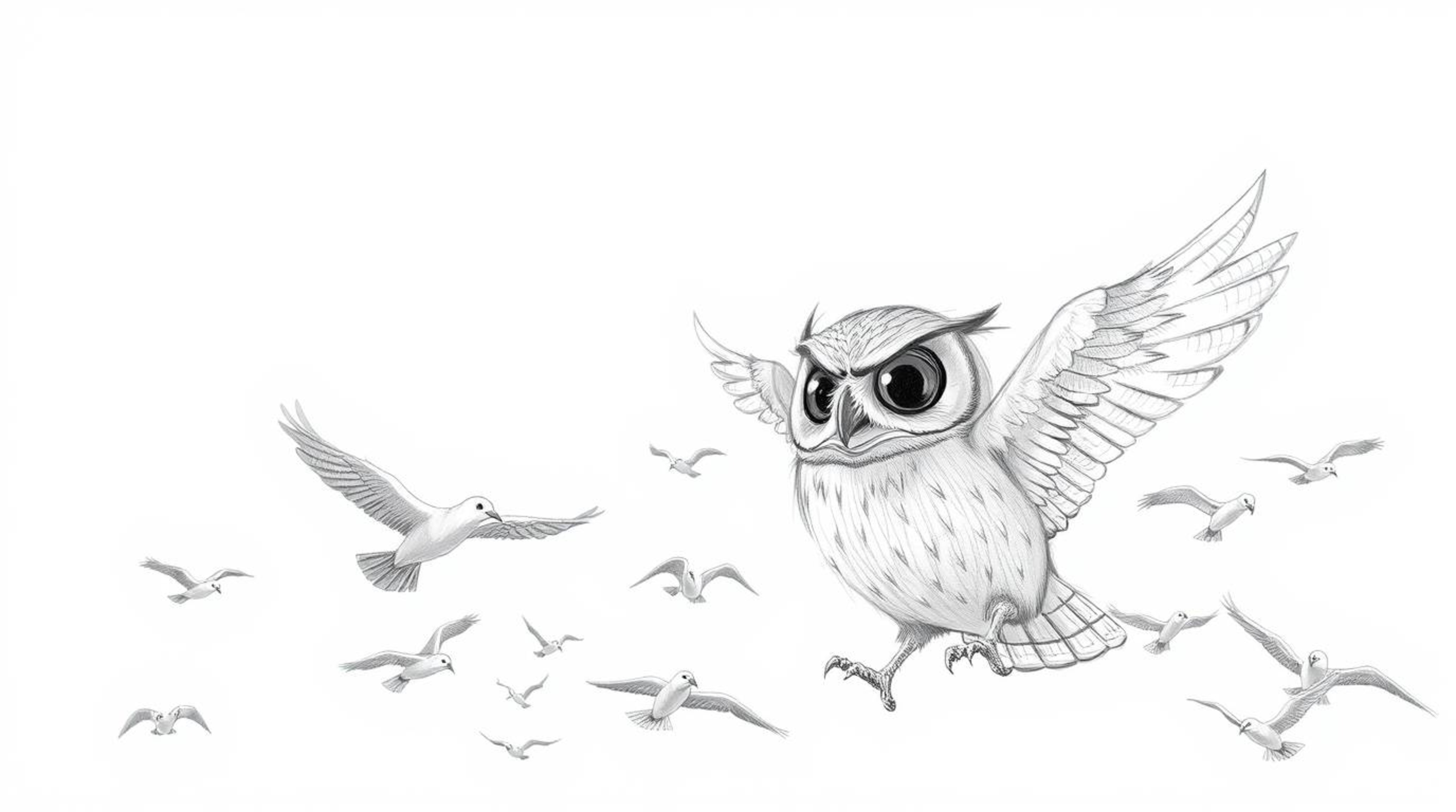 A Pixar-inspired hand-drawn sketch depicts a textured pencil drawing of a blind owl with detailed feathers, confidently leadi