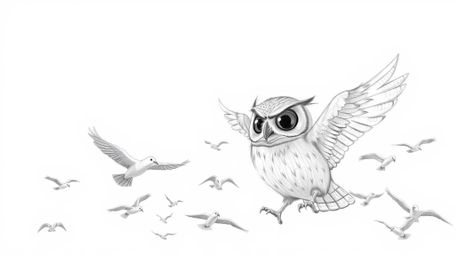 A Pixar-inspired hand-drawn sketch depicts a textured pencil drawing of a blind owl with detailed feathers, confidently leadi