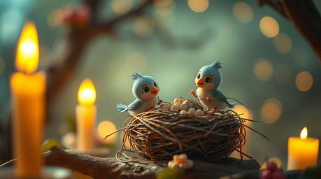 A dreamlike, surreal image depicting two cartoon birds diligently building a nest, rendered in a classic animation style. The