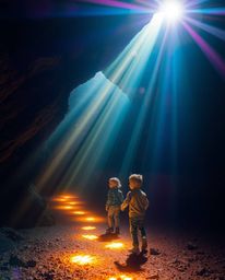 A child embarks on a magical journey into a cave, guided by glowing footsteps, bathed in vibrant electric colors and dynamic 