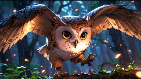In a magical and enchanting scene, created in a beautiful blend of Pixar and anime styles, a wise blind owl is guiding young 