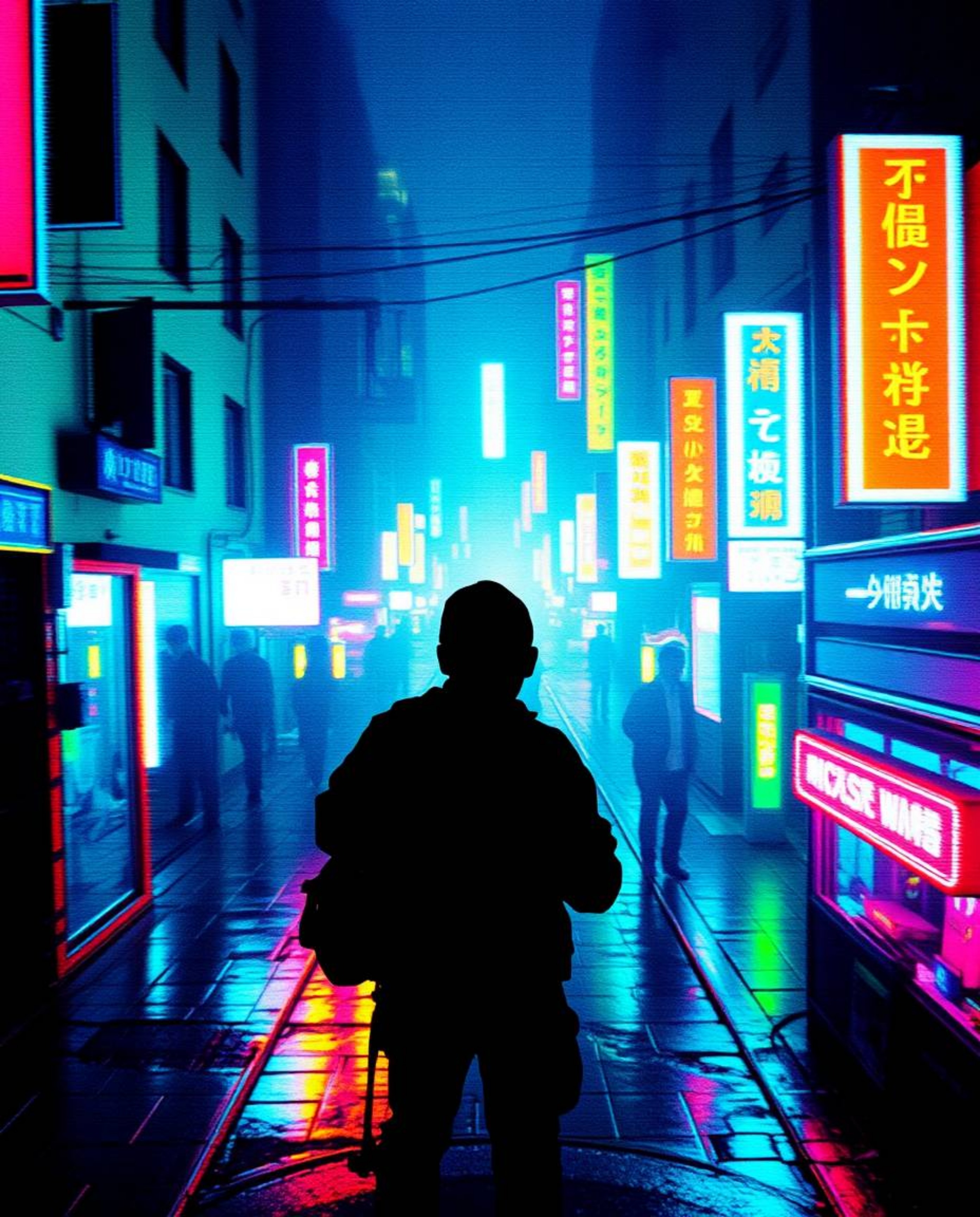 A stunning, pixelated glitch art image depicting a cyberpunk street scene from a bird's-eye perspective.  The image features 
