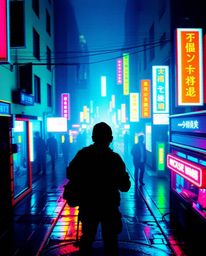 A stunning, pixelated glitch art image depicting a cyberpunk street scene from a bird's-eye perspective.  The image features 