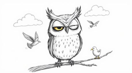 A heartwarming scene depicting a blind owl with large, expressive eyes, rendered in a Pixar-style hand-drawn sketch. The owl 