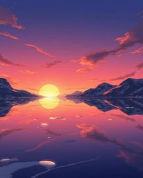 An Isekai anime-style illustration of a glassy fjord reflecting a sunset. This piece is defined by its graceful and elegant c