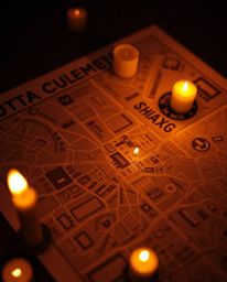 Immerse yourself in a warm candlelit scene featuring an abstract city map composed of geometric shapes, subtly illuminated by