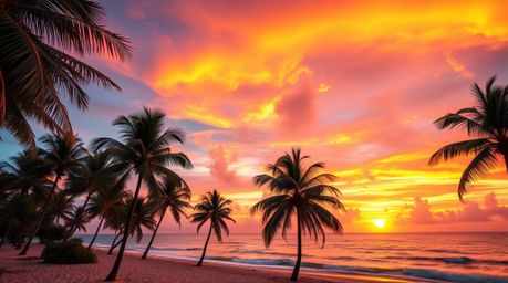 Capture the vibrant beauty of a tropical beach sunset with this high-resolution stock photo. Iridescent colors dance across t