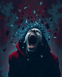 A chilling depiction of a person's scream echoing as their reality disintegrates into fragmented pixels, set against an eerie