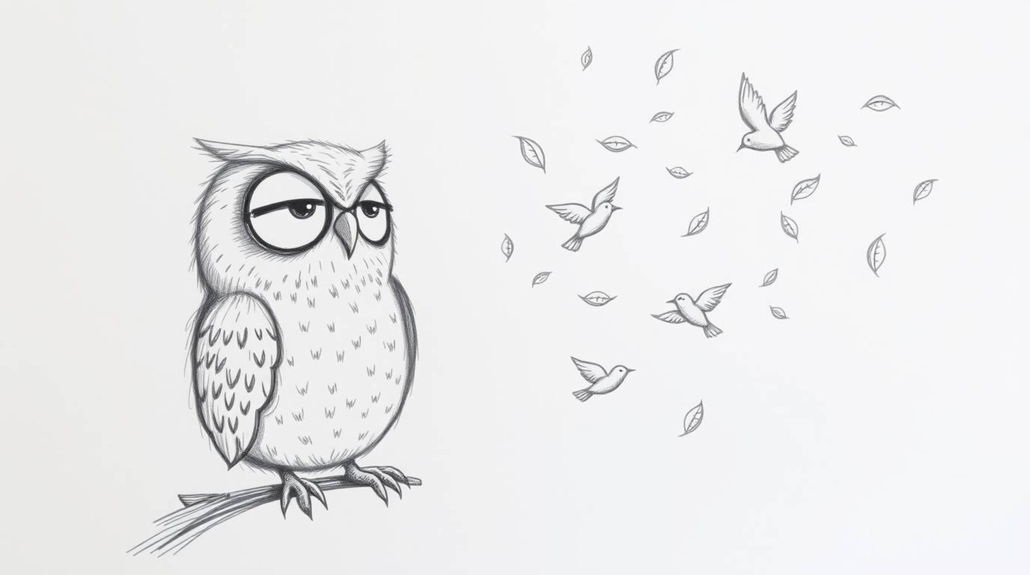 A whimsical, hand-drawn sketch reminiscent of Pixar, showcasing a kind, blind owl with soft, rounded features patiently guidi