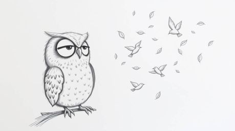 A whimsical, hand-drawn sketch reminiscent of Pixar, showcasing a kind, blind owl with soft, rounded features patiently guidi