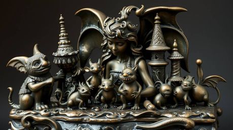 This cast bronze sculpture, finished with an antique patina, showcases graceful and refined features, depicting a vibrant fan