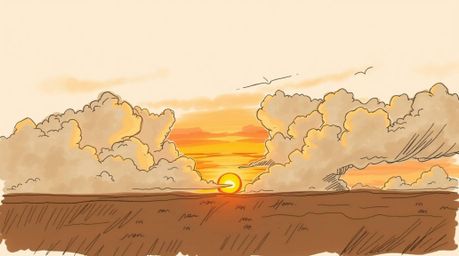 This hand-drawn sketch captures a breathtaking bird's eye view of thunderstorm clouds at sunset, rendered in calming earth to