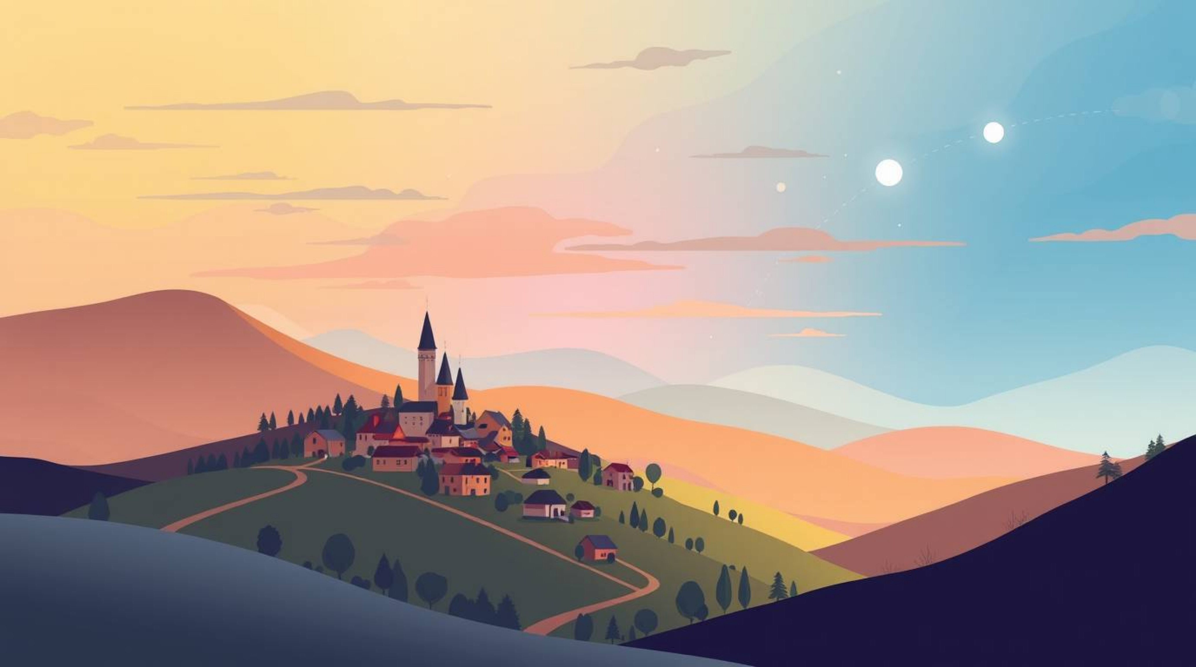 A captivating flat design illustration depicts a tranquil village nestled in a picturesque valley, bathed in the warm glow of
