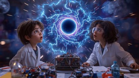 A vibrantly colored, high-contrast cinematic photograph captures a dynamic science fair duo in a style reminiscent of Pixar. 