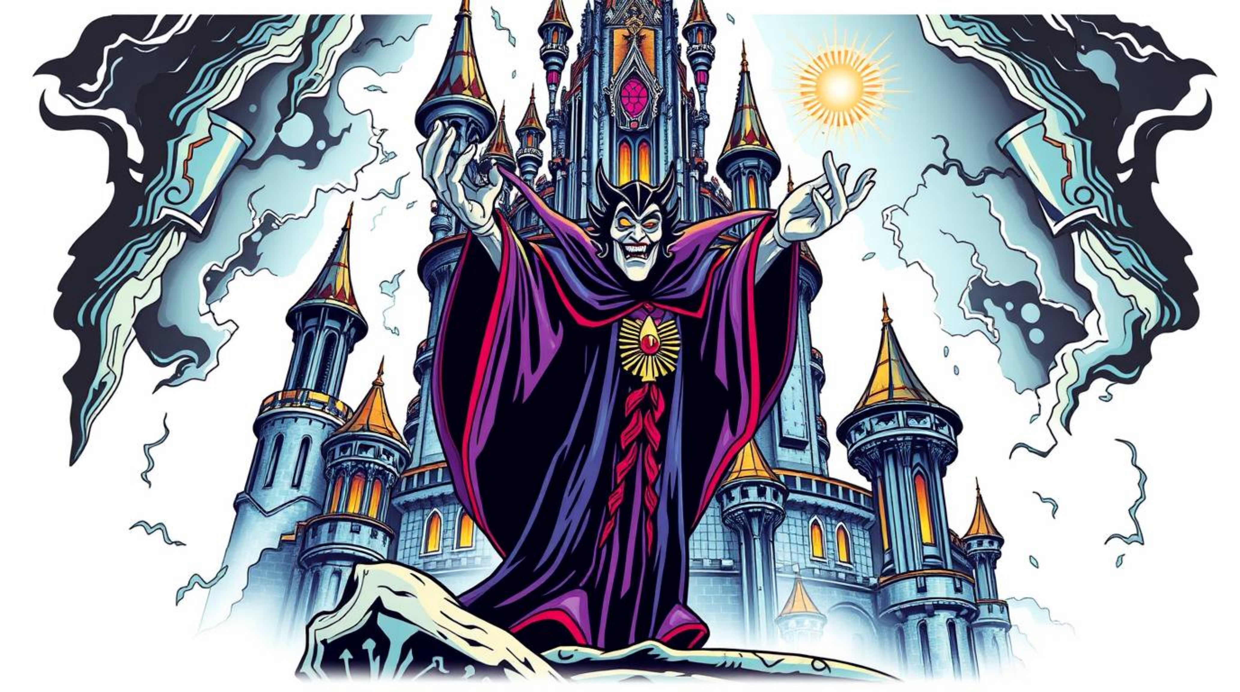 A vibrant retro-style tattoo print showcases a classic Disney villain casting a spell within a massive, futuristic castle. T