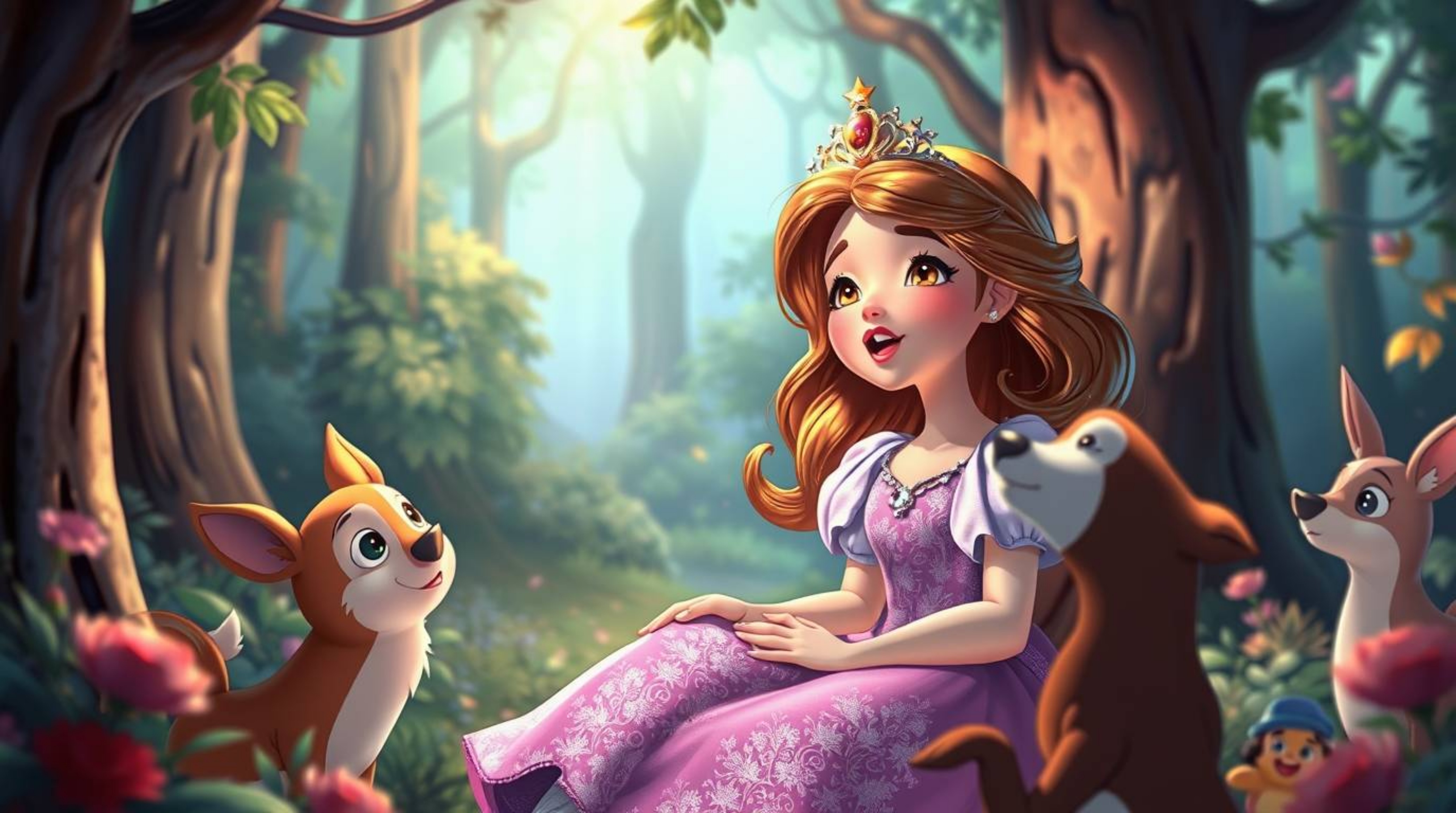 Experience the magic of a princess singing alongside her forest animal friends in this vintage 2D animation. Bathed in irides
