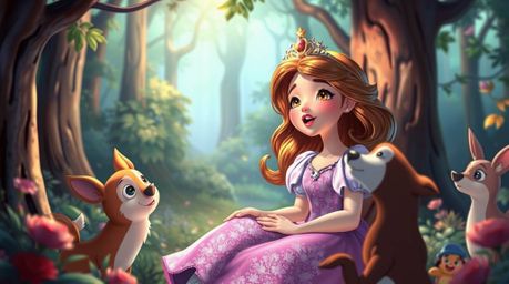 Experience the magic of a princess singing alongside her forest animal friends in this vintage 2D animation. Bathed in irides