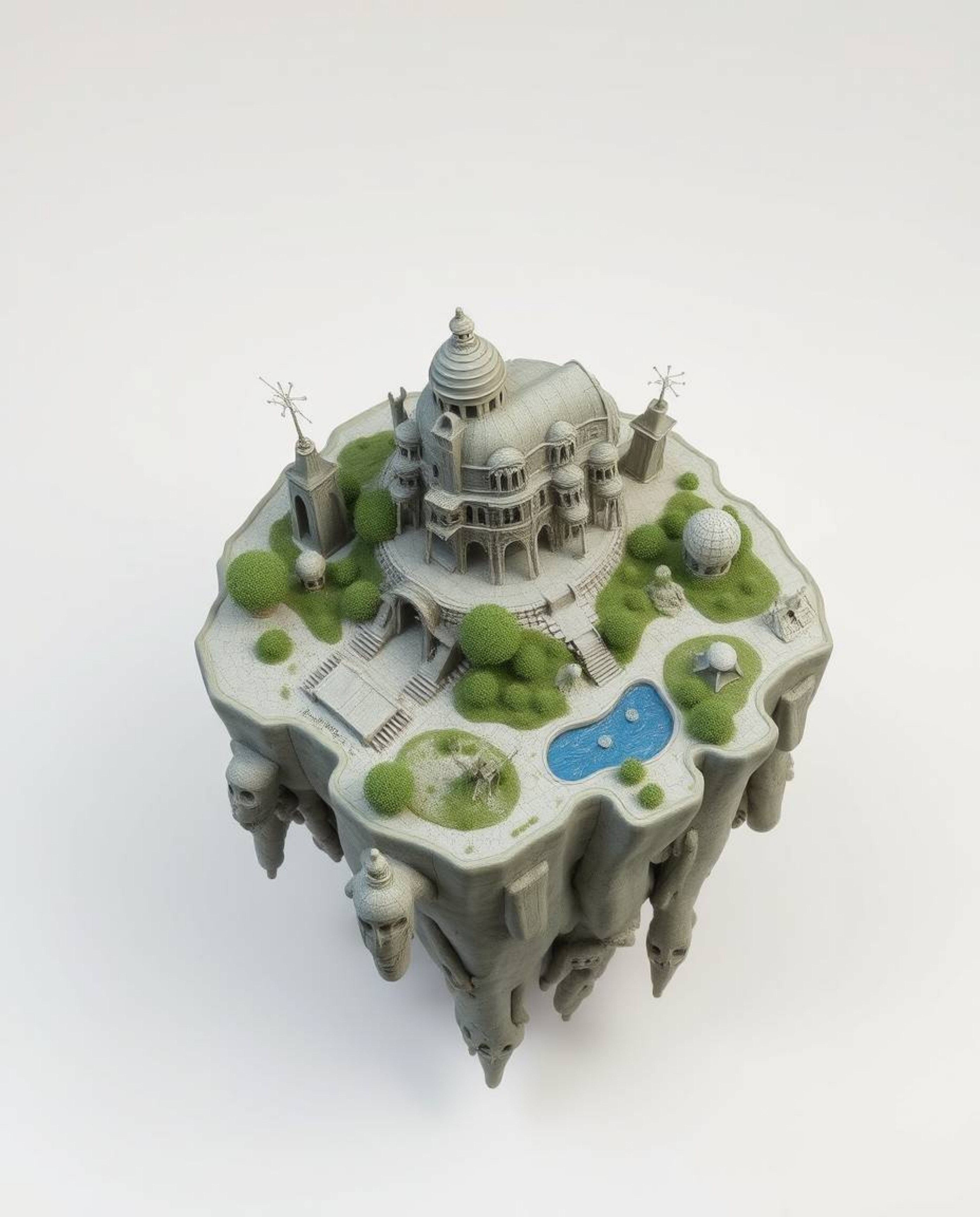 This artwork depicts a surreal floating island showcasing bizarre and captivating architecture, rendered in a bird's eye pers